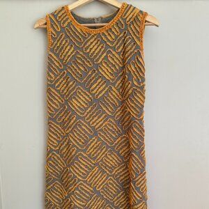 Vintage, M/L, Yellow and Gray Ribbon-Patterned Dress